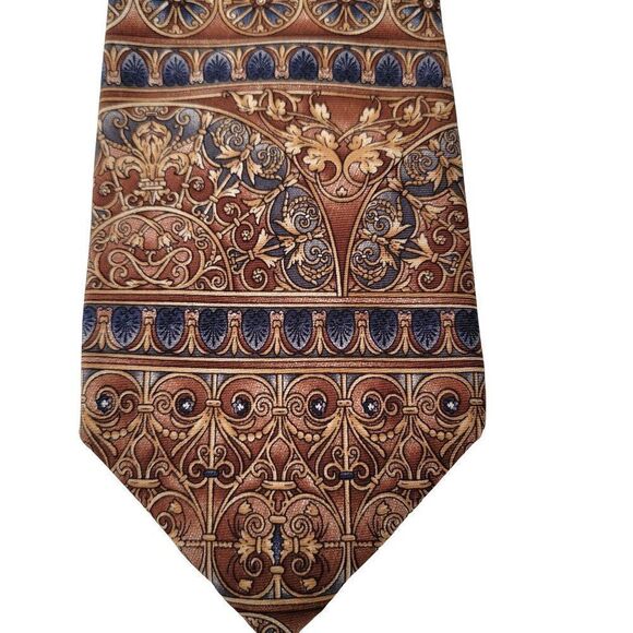 Barrington 100% Silk Art Deco Mens Necktie Brown Architecture Design - Picture 1 of 4